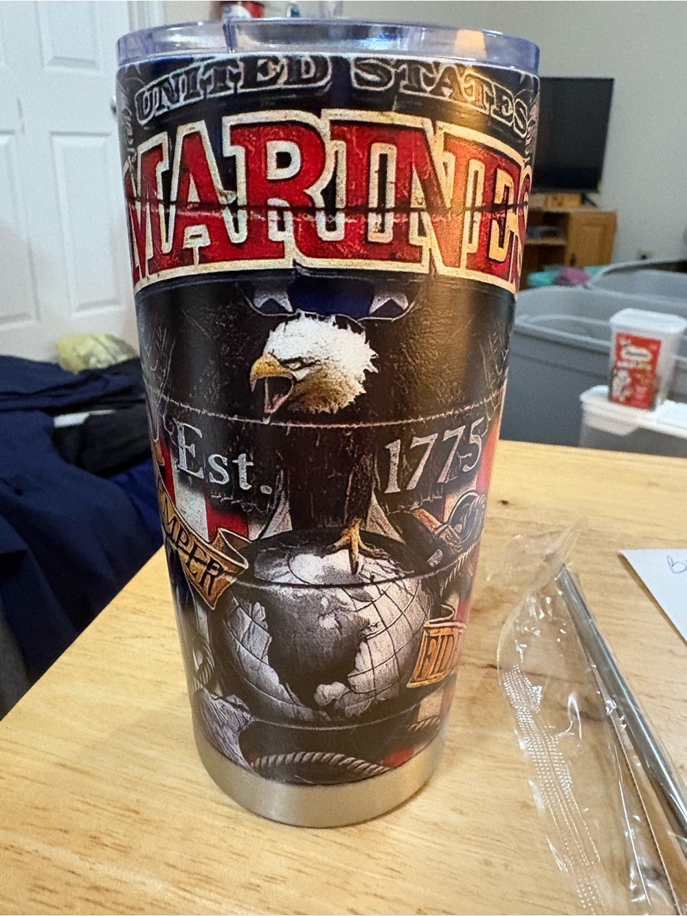 Marines Eagle Stainless Tumbler - Patriotic Red & Black 20 oz straw/brush includ